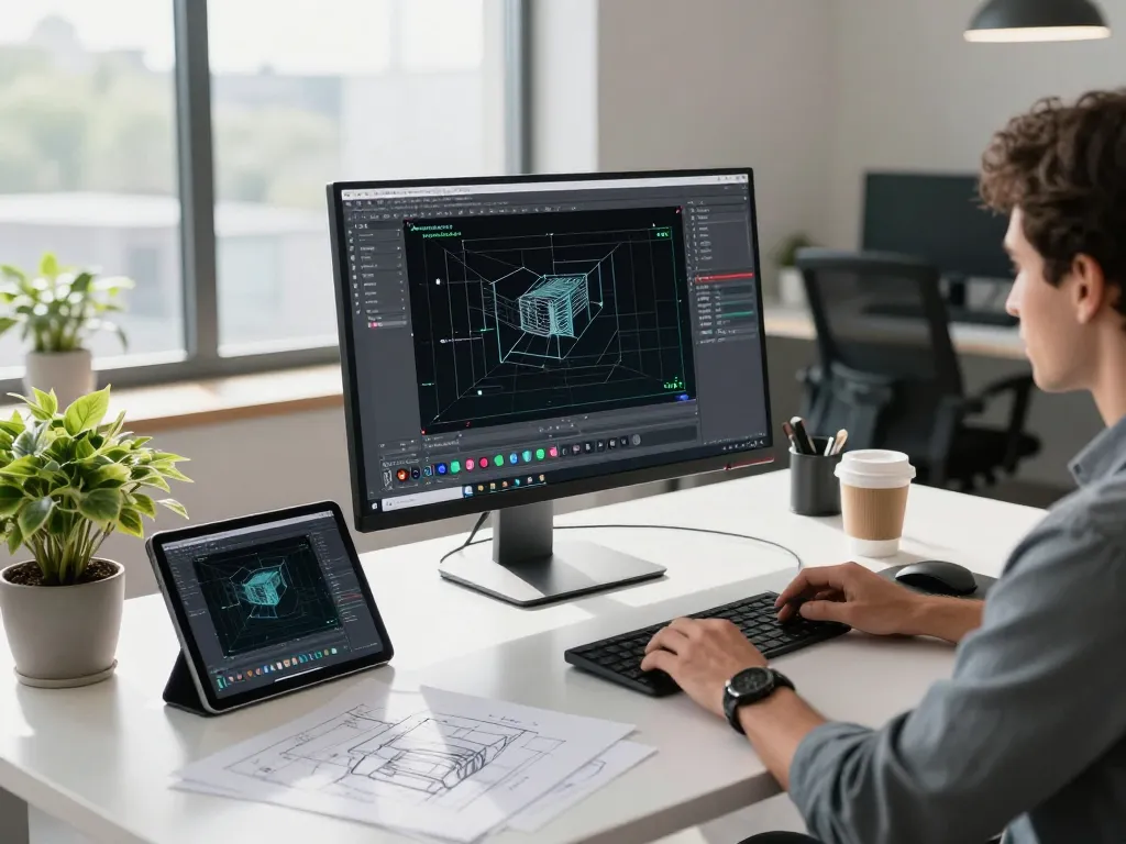 Designer creating text to CAD models in a modern office workspace with advanced technology.