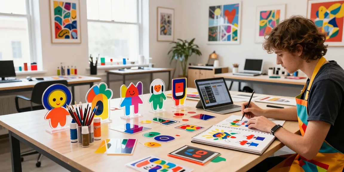Custom acrylic standee being designed in a vibrant art studio with colorful tools and materials.
