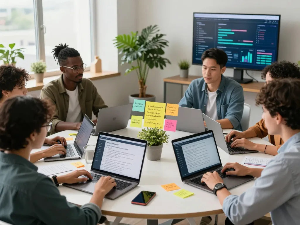 NSFW content moderation team discussing guidelines and strategies in a modern workspace.