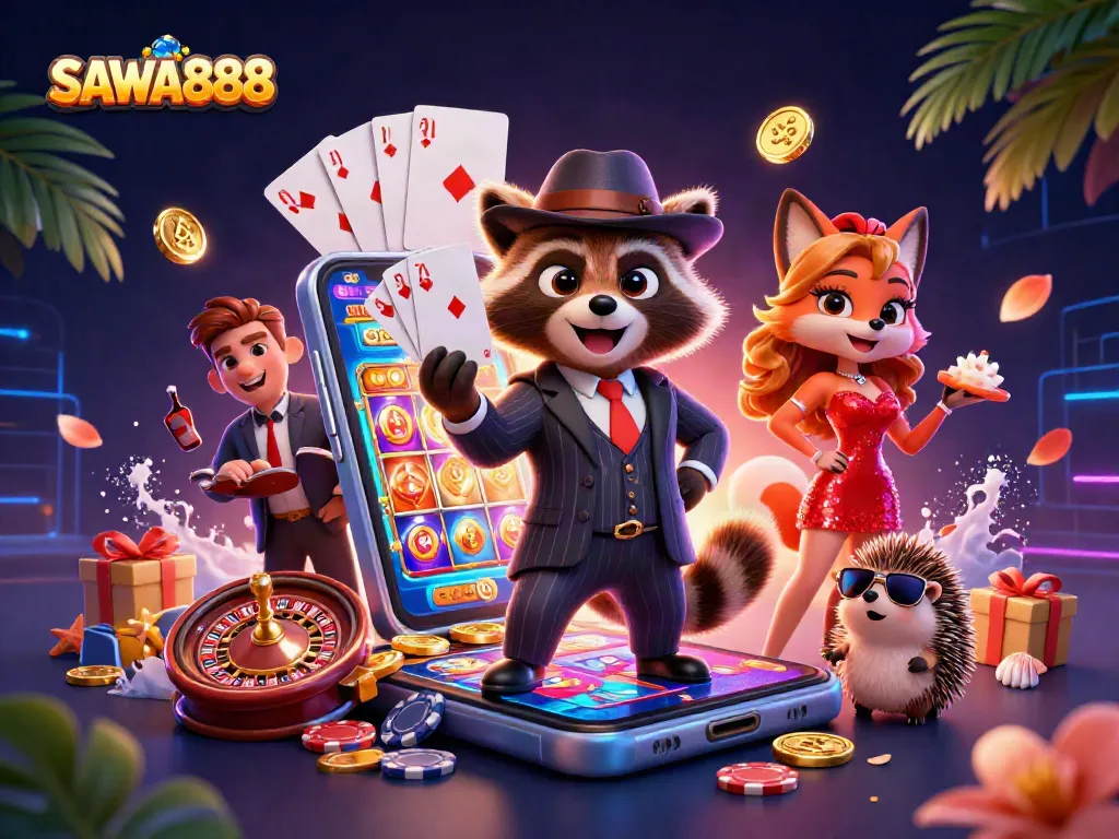 Engage with SAWA888's online gaming magic in this vibrant casino illustration featuring dynamic characters and exciting game elements.