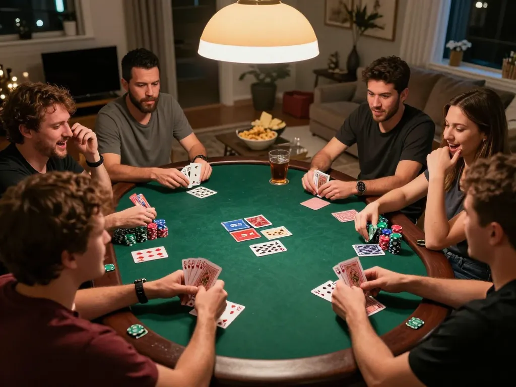 Friends enjoy a thrilling poker night at home, showcasing man club atmosphere with vibrant gameplay.