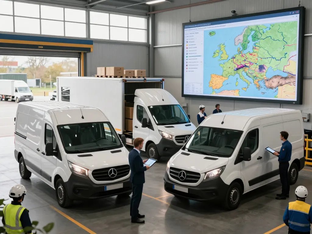 Time critical logistics manager analyzing routes with fleet at dawn.