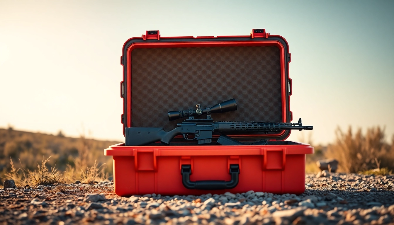 Shop pelican gun case for sale featuring rifles securely stored in nature's backdrop.