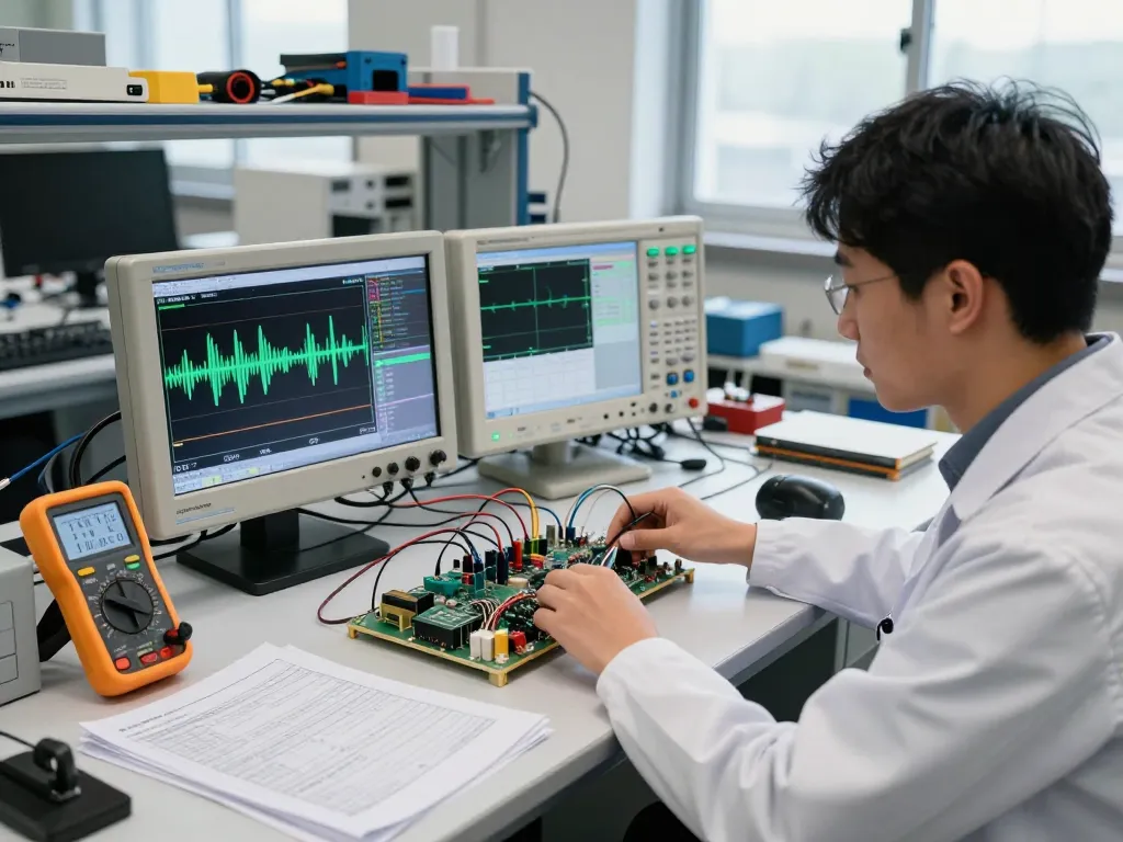 Engineer comparing digital oscilloscope vs multimeter in an electronics lab.