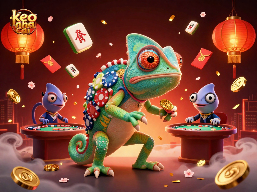 Engaging scene depicting keo nha cai chameleon casino owner captivated by gaming action.