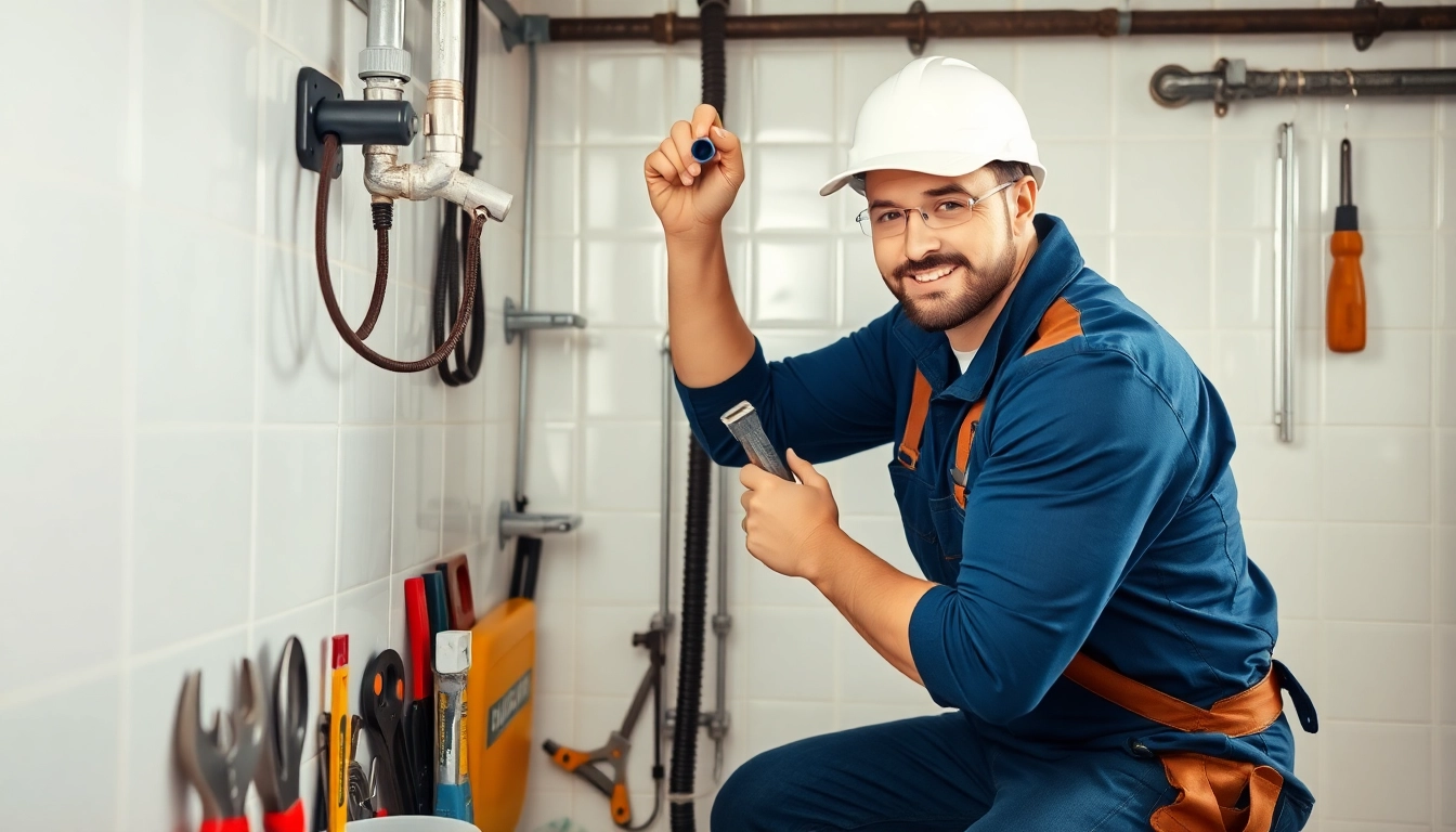 Plumber near me fixing piping in a bright home setting with essential tools.