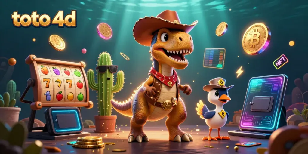 Experience the thrill of toto 4d gaming with a playful dinosaur highlighting vibrant slot reels.