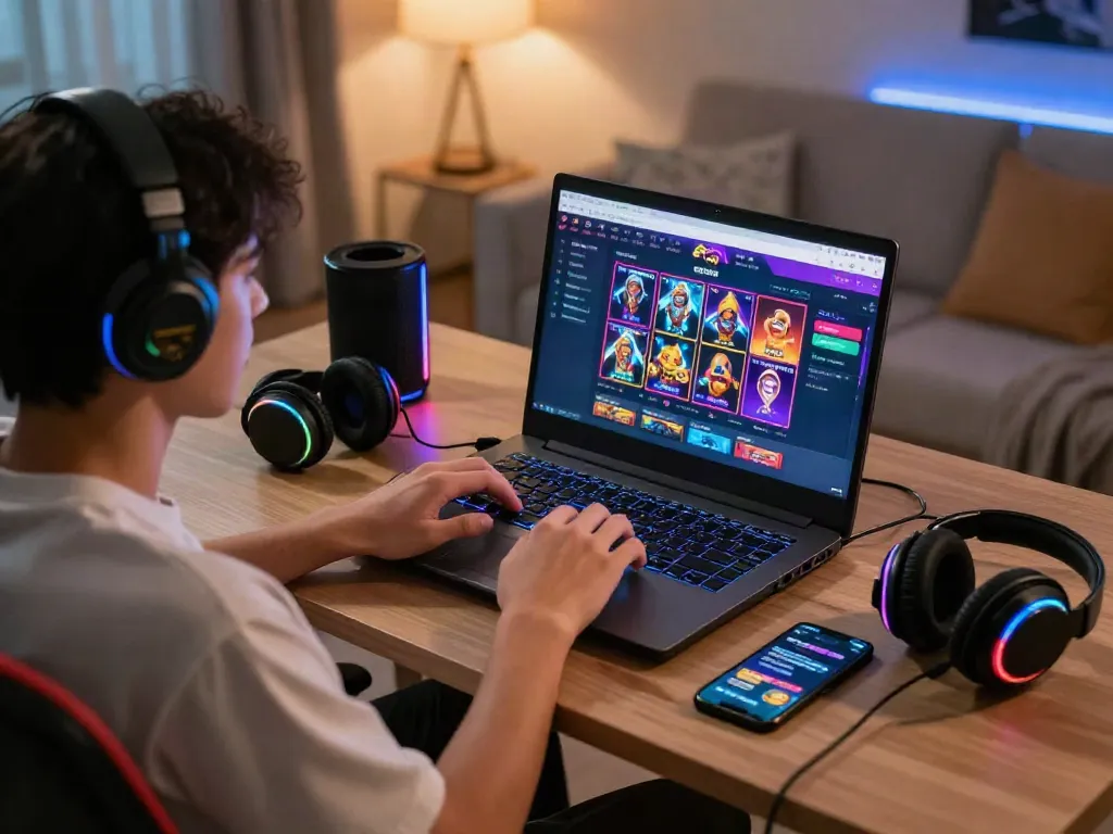 A player engaging with a situs slot game on a laptop in a cozy gaming setup, showcasing excitement and modern gaming accessories.