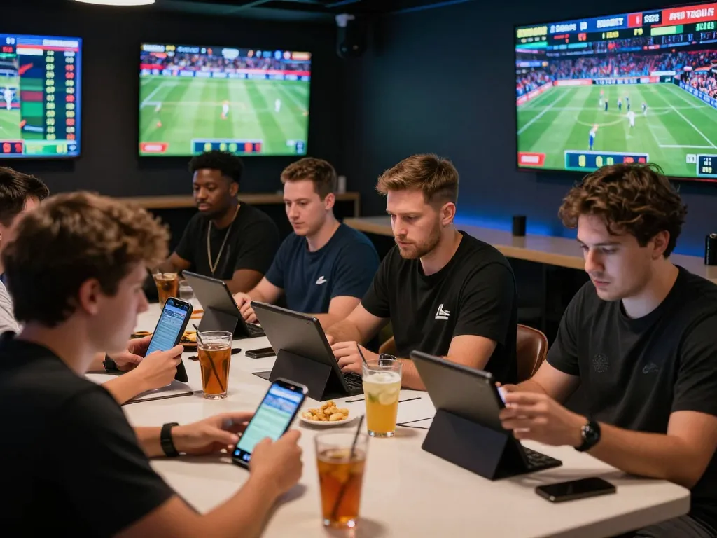 SBOBET bettors engaged in live sports betting in a vibrant lounge.