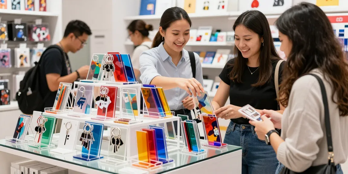 Colorful acrylic stands on display with a delighted customer and sales associate in an inviting retail atmosphere.