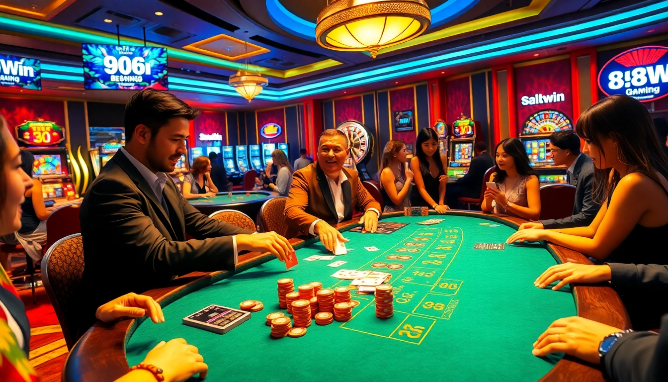 Players experiencing an exciting blackjack game at 98win casino table, filled with poker chips and vibrant atmosphere.