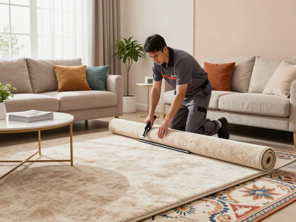 Professional laying down home carpet fitting services in a cozy living room.