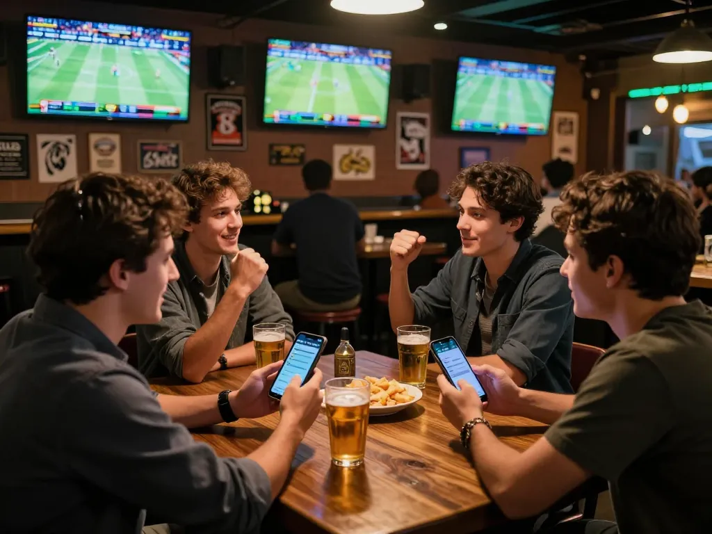 Tỷ lệ kèo nhà cái 5 in action at a vibrant sports bar with friends discussing bets and checking odds on their smartphones.