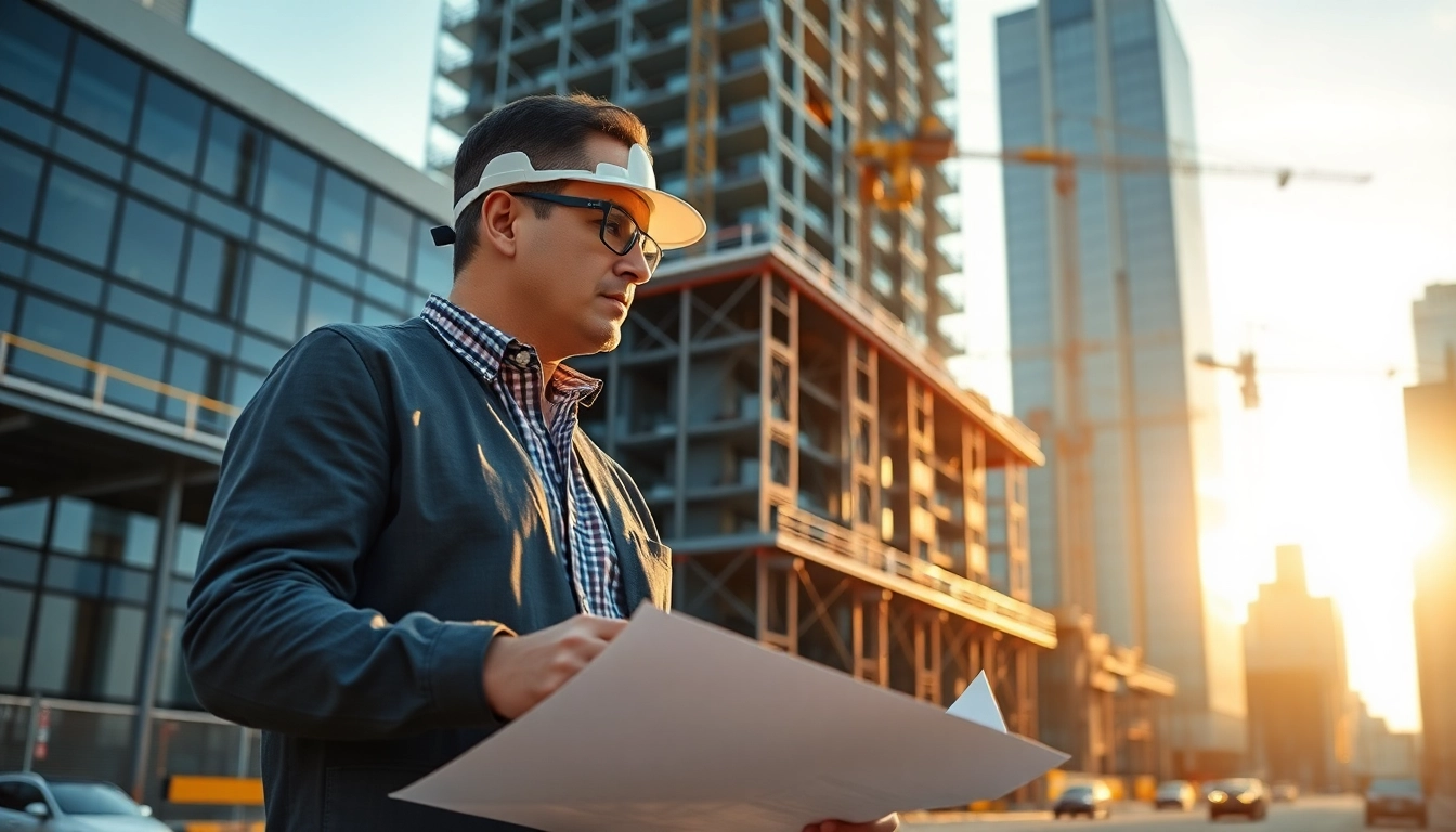 Manhattan Commercial General Contractor examines construction plans on a busy Manhattan site.
