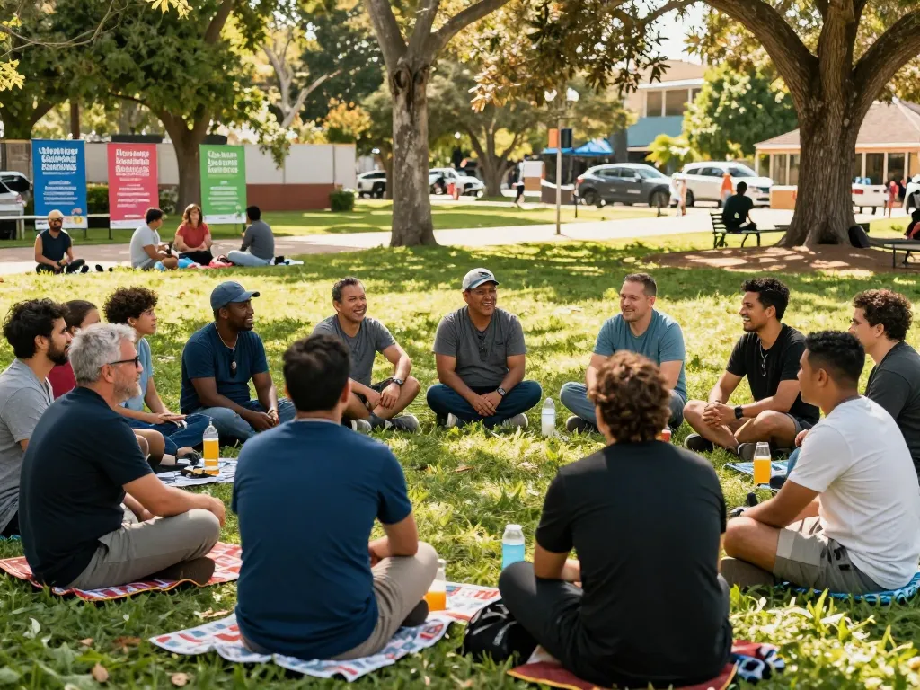 Men discussing mental wellbeing at Manclub in a sunny park, fostering community support.