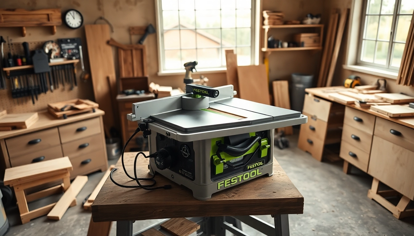 The Festool table saw exemplifies precision woodworking with expertly crafted cuts, showcasing its ergonomic design and efficiency.