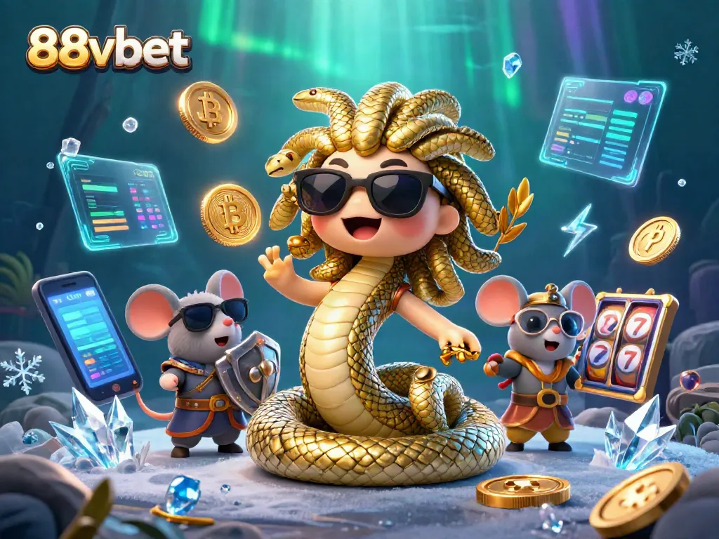 Engage with the 88vbet playful Medusa in a vibrant casino scene filled with crypto elements.