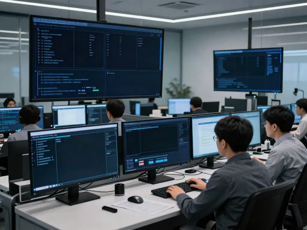 Security configuration review in a high-tech cybersecurity operations center showcasing advanced technology and real-time monitoring.