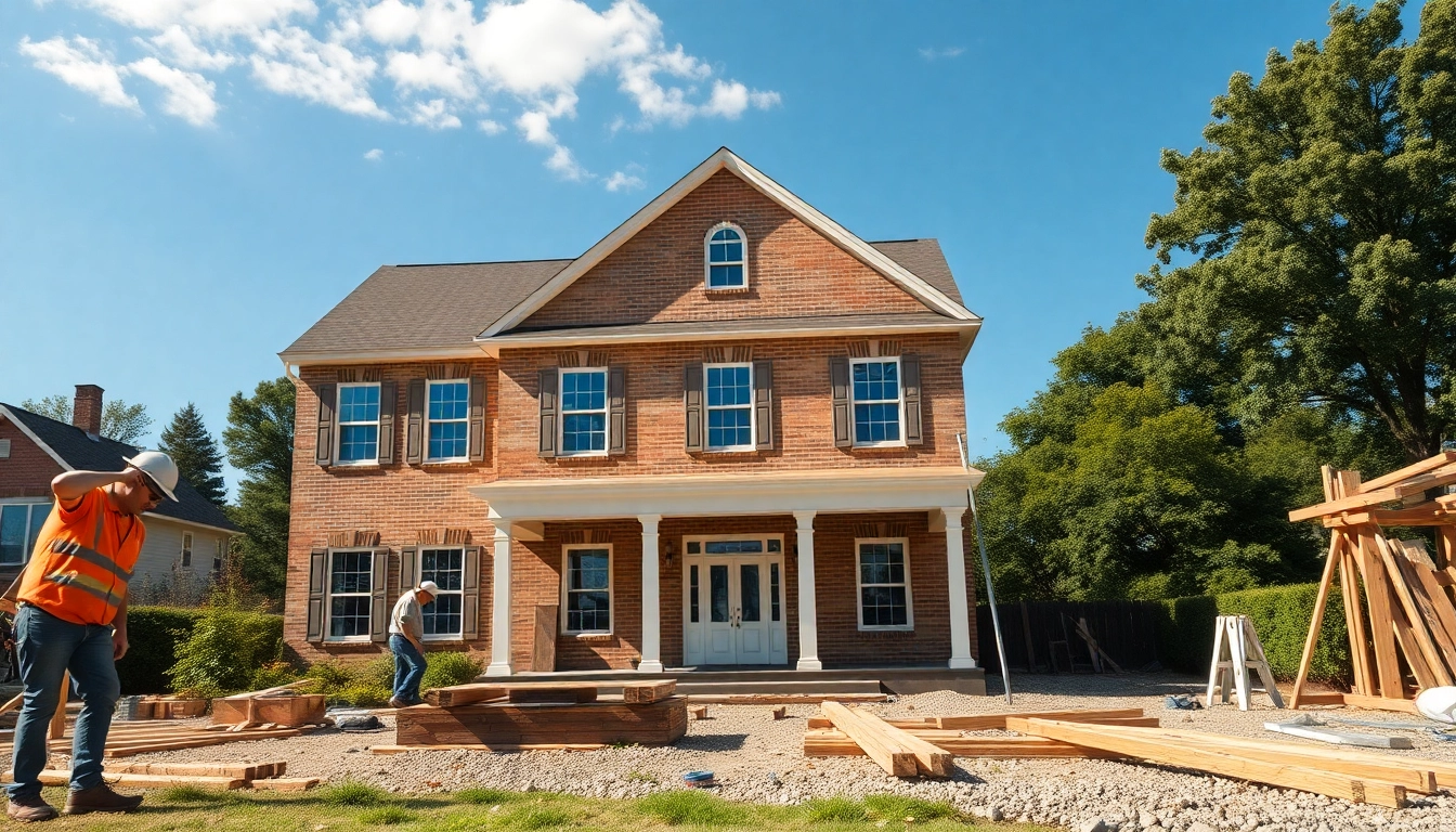 Colonial home construction showcasing traditional architecture and skilled builders at work.