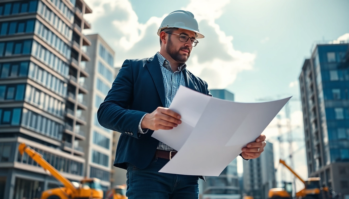 Manhattan General Contractor reviewing plans on a bustling construction site in New York City.