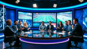 Hosts engaging in Sports Broadcasting inside a dynamic studio with live feeds and interactive screens.