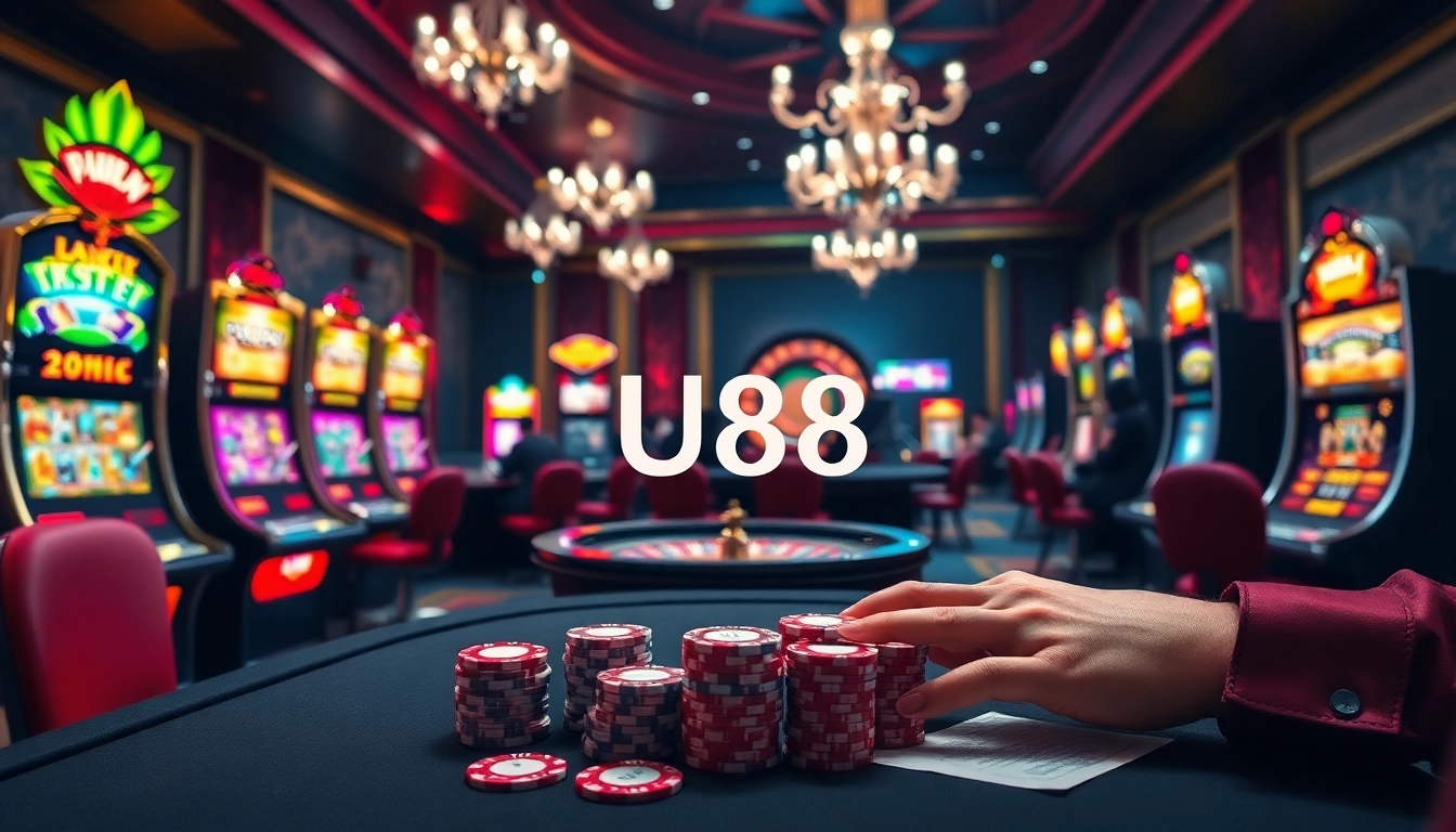 Players engaging in high-stakes poker action at U88 casino, surrounded by glamorous slot machines.