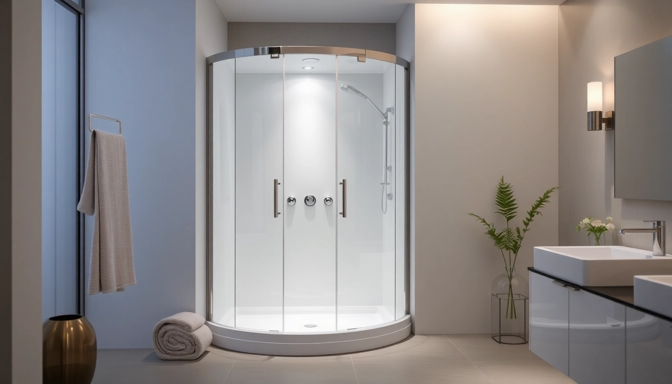 Duschkabine 80x80 in modernem Badezimmer mit eleganten Features und sanfter Beleuchtung.