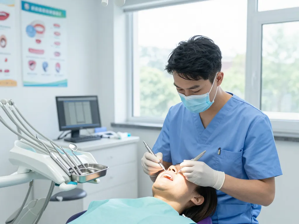 Dental tools displayed in a bright dental clinic during patient examination.