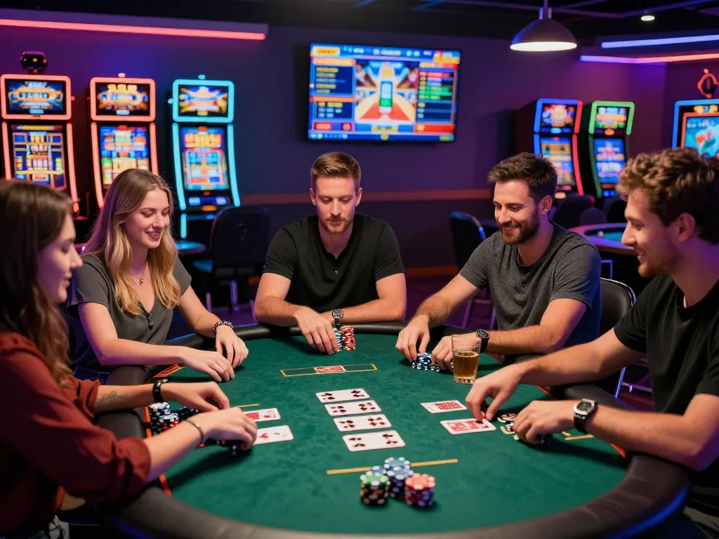Friends enjoying the thrill of 789club in a lively online casino setting