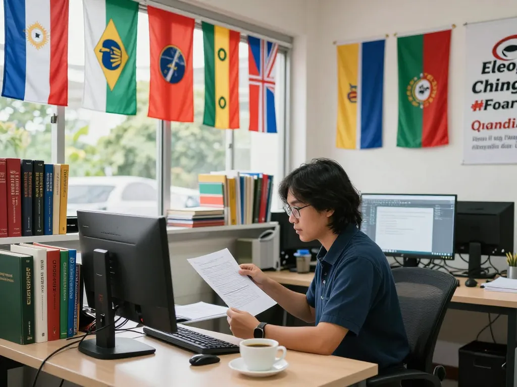 Translation Services in Chiang Mai office with a translator at work amidst multilingual books, flags, and software.
