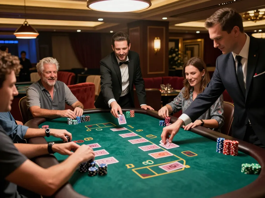 FC88 blackjack players strategizing bets and enjoying an exciting table moment in a luxurious casino.