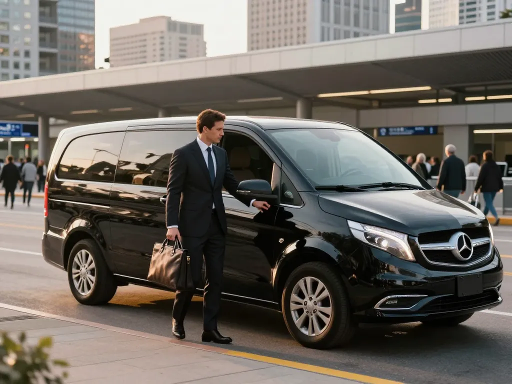 O’Hare limousine service Chicago with elegant van and professional chauffeur at airport.