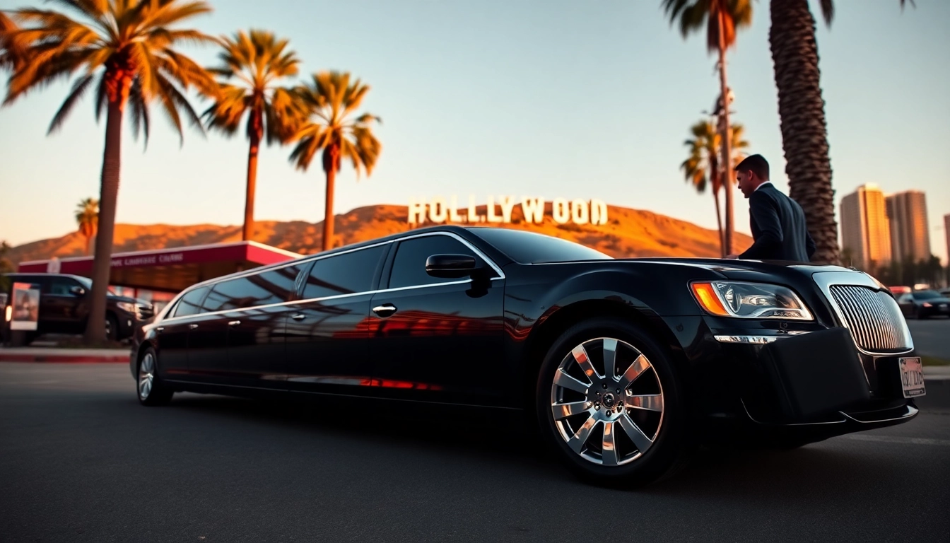 Hollywood Town Car and Limousine parked near the Hollywood Sign, showcasing luxury service in Los Angeles.