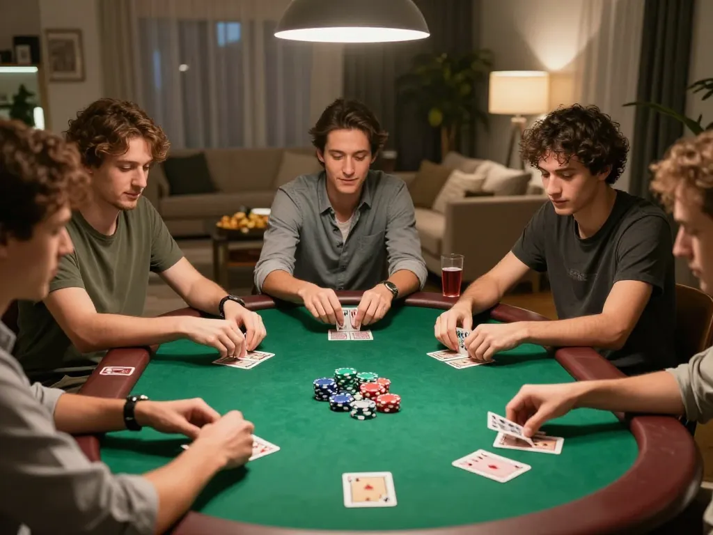 Friends enjoying a lively poker game at home, showcasing intense focus on cards and strategy, FC88.