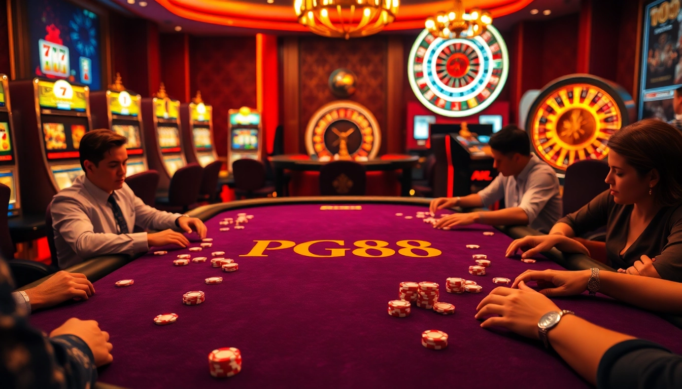 Players experiencing the PG88 gaming table, surrounded by slot machines and a roulette wheel.