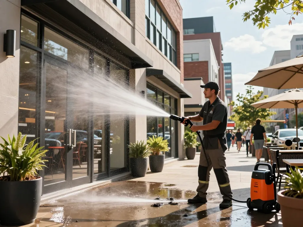 commercial pressure washing Atlanta service cleaning a retail building exterior