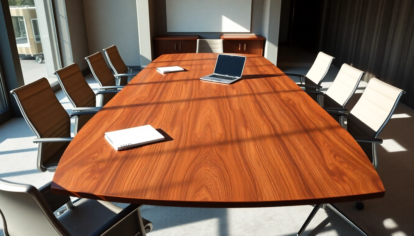Custom conference table made from solid walnut in a modern office setting, showcasing quality craftsmanship.