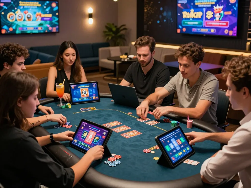 Engaging group playing rikvip card games at an online gaming hub.