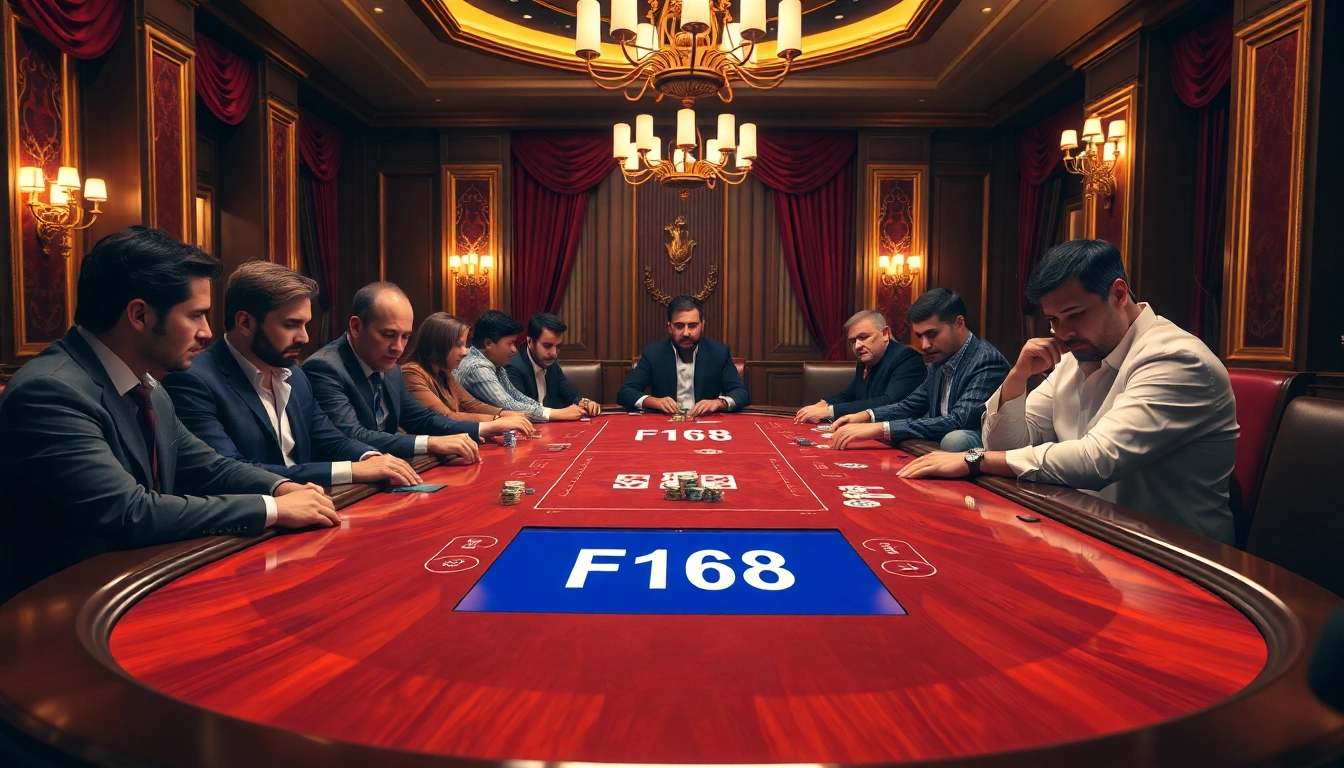 F168 poker players strategizing over a luxurious table with vibrant chips.