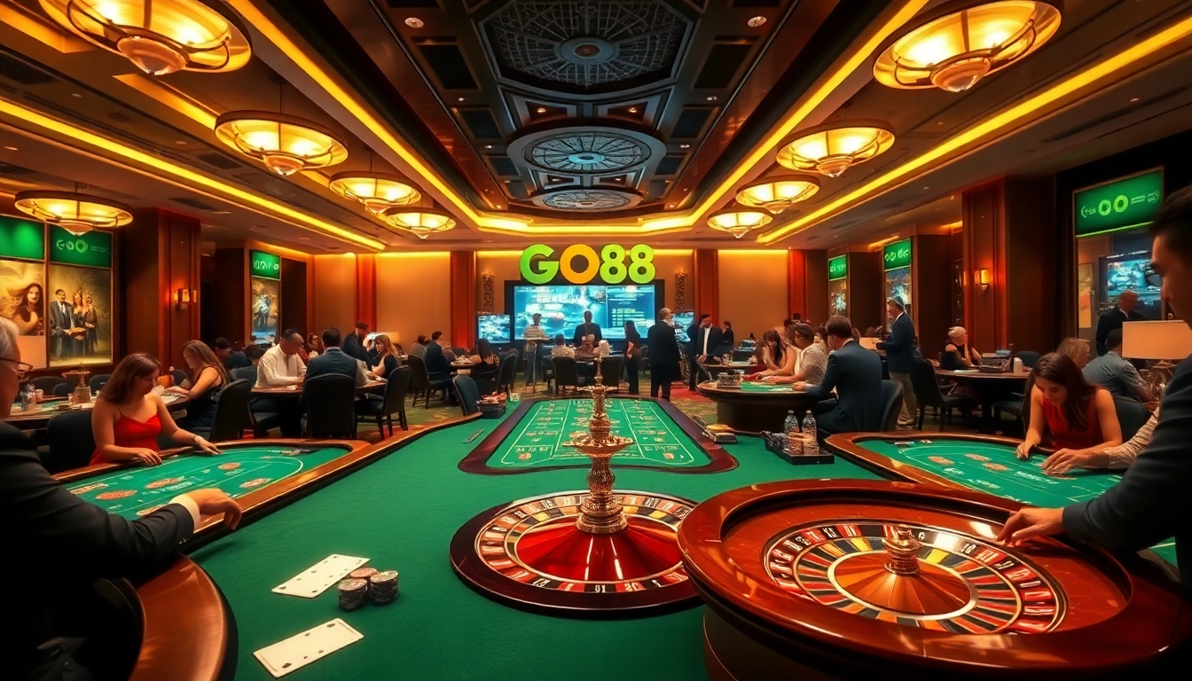 Experience the thrill of GO88 with players at a luxurious casino table, engaging in vibrant games.
