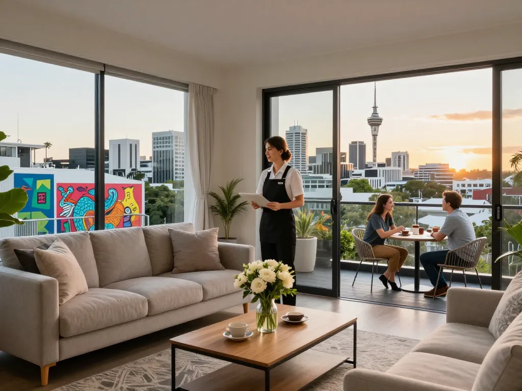 airbnb management auckland showcasing a beautifully styled property with a cityscape backdrop, capturing the essence of stylish and hassle-free hosting.