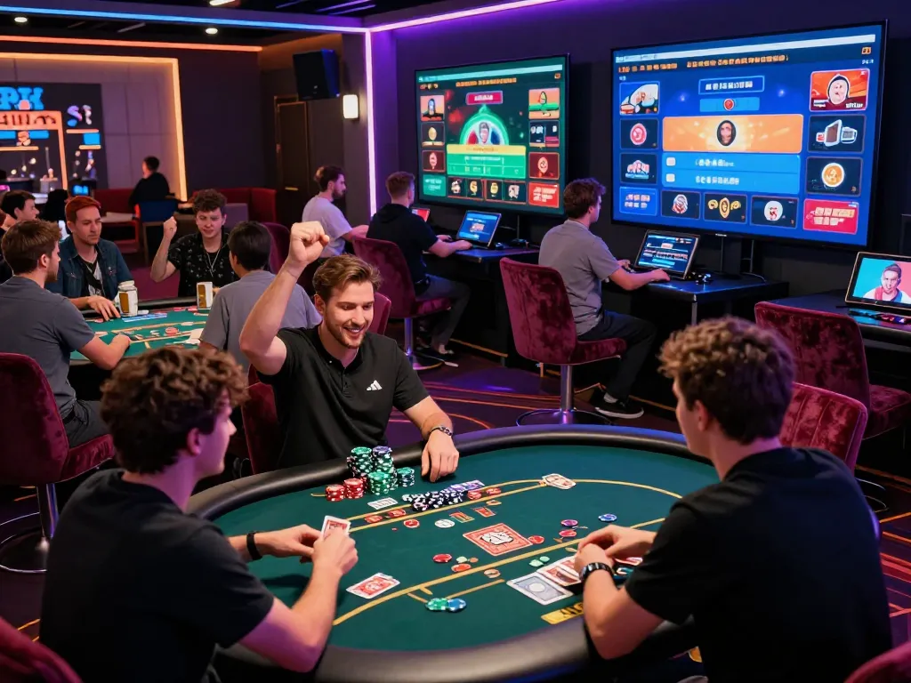 Exciting bomwin online gaming experience with players enjoying poker and blackjack at stylish tables.