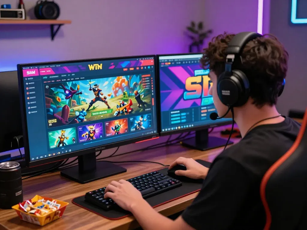 Player immersed in the Sun Win gaming platform, showcasing a vibrant interface and gaming setup.