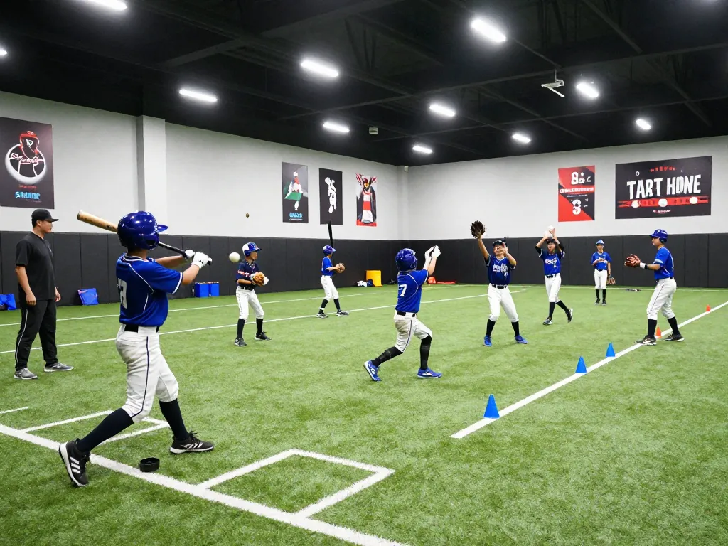 Hitclub training session with young athletes swinging bats and catching balls in a vibrant sports facility.