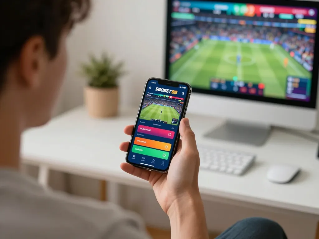 Pengguna SBOBET88 terlibat dalam taruhan mobile sambil menonton olahraga langsung, antarmuka yang hidup terlihat.