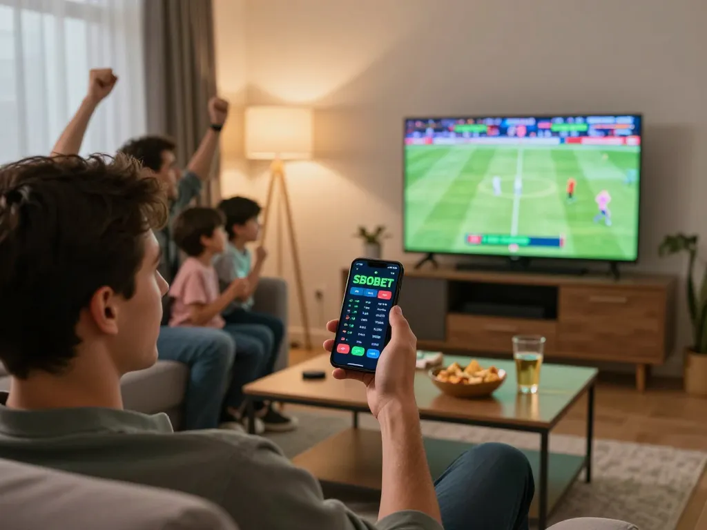 Kegembiraan taruhan olahraga SBOBET dengan seseorang yang memasang taruhan di smartphone saat permainan langsung
