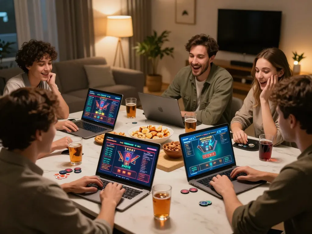Friends engaged in exciting online poker night at trang chủ uu88 table setting.