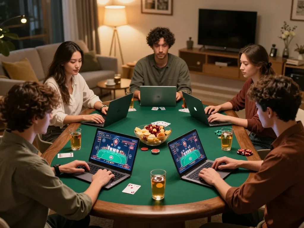 Friends playing poker on their laptops while enjoying drinks and snacks at home, showcasing fly88 online gaming