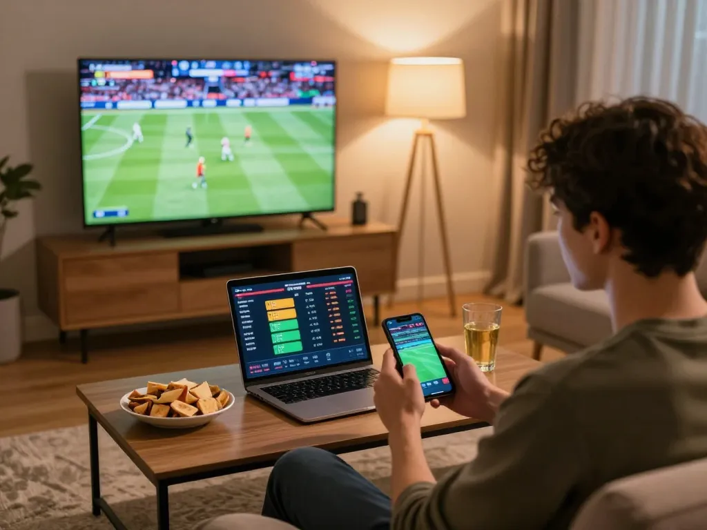 Engaging in soi keo nha cai while watching a live sports game in a cozy home setting.
