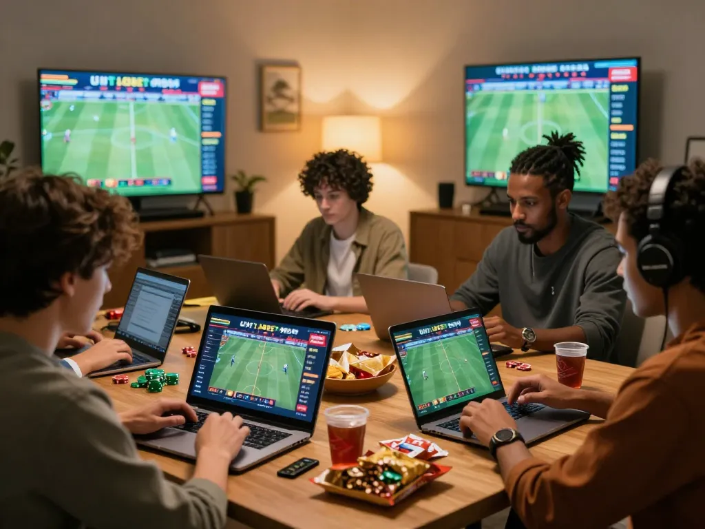 Enthusiastic bettors engaging with UFABET on laptops and smartphones in a vibrant home environment.